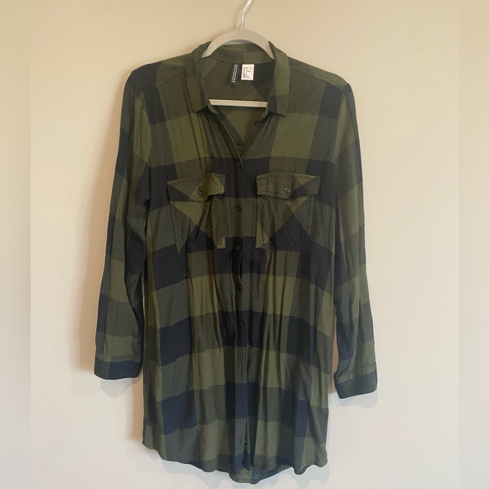 Long plaid green button down